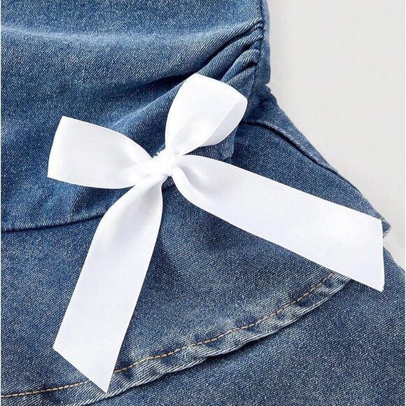 Women's Strapless Denim Mini Dress Ruffle Layered A Line Bow Zipper - Picture 3 of 4